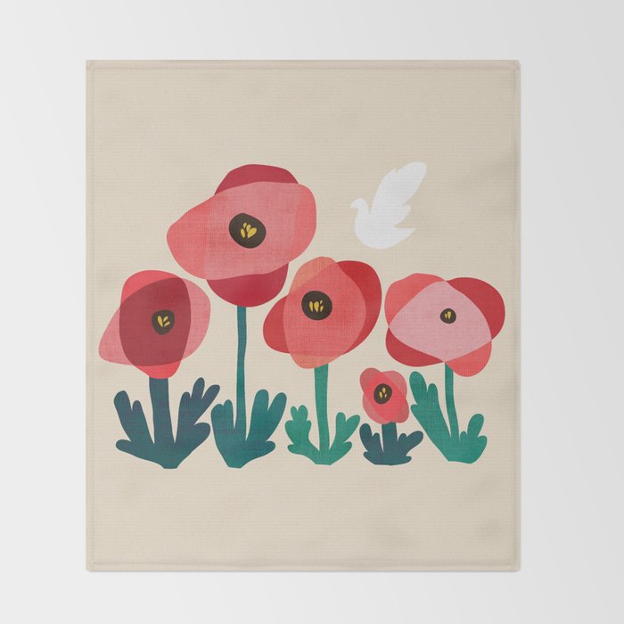 Poppy flowers and bird Throw Blanket Gallery Image 2