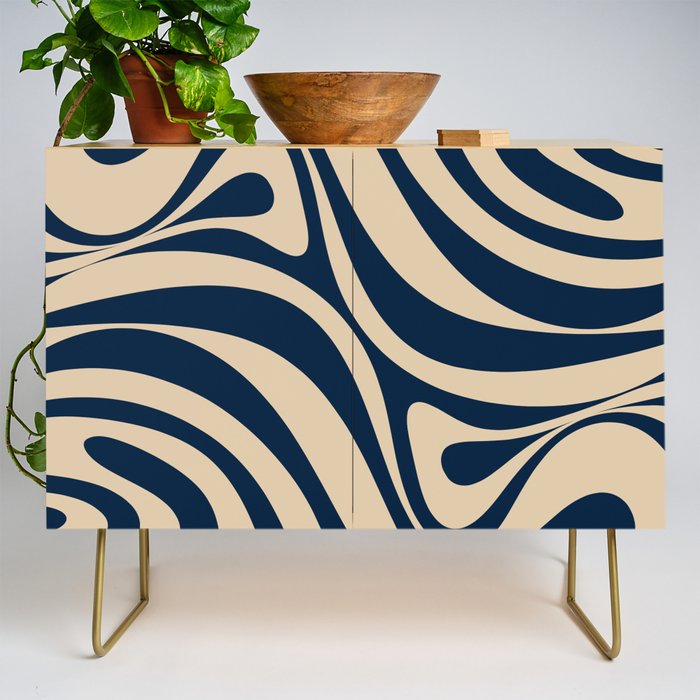 New Groove Retro Swirl Abstract Pattern in Midcentury Modern Navy Blue and Beige  Credenza Gallery Image 1