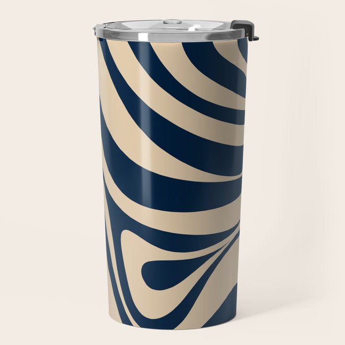 New Groove Retro Swirl Abstract Pattern in Midcentury Modern Navy Blue and Beige  Travel Mug Gallery Image 2