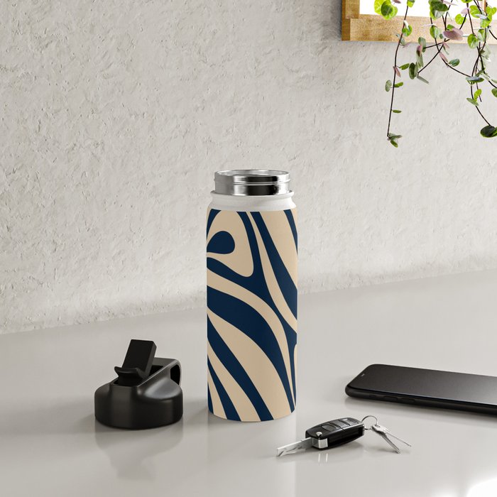 New Groove Retro Swirl Abstract Pattern in Midcentury Modern Navy Blue and Beige  Water Bottle Gallery Image 4