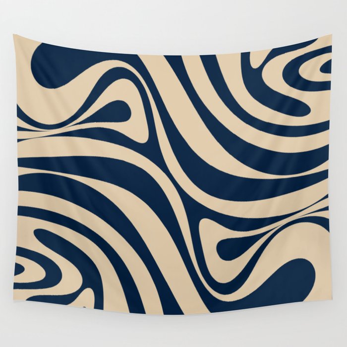 New Groove Retro Swirl Abstract Pattern in Midcentury Modern Navy Blue and Beige  Wall Tapestry Gallery Image 1