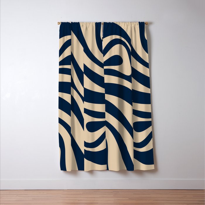 New Groove Retro Swirl Abstract Pattern in Midcentury Modern Navy Blue and Beige  Window Curtain Gallery Image 3