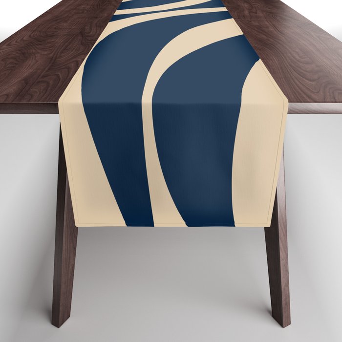 New Groove Retro Swirl Abstract Pattern in Midcentury Modern Navy Blue and Beige  Table Runner Gallery Image 1