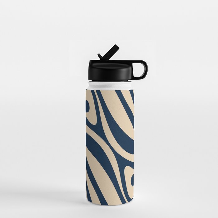 New Groove Retro Swirl Abstract Pattern in Midcentury Modern Navy Blue and Beige  Water Bottle Gallery Image 1