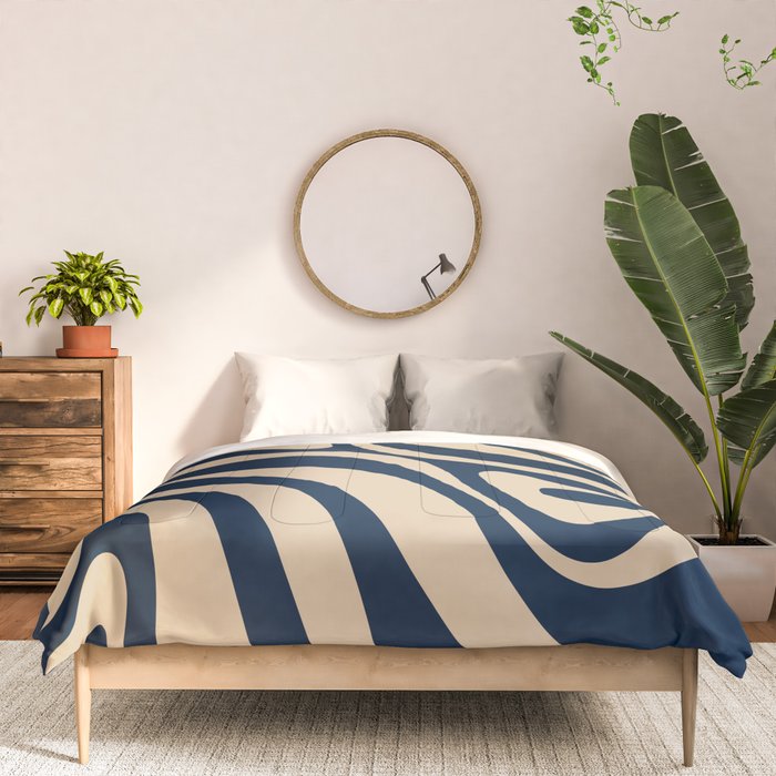 New Groove Retro Swirl Abstract Pattern in Midcentury Modern Navy Blue and Beige  Comforter Gallery Image 3