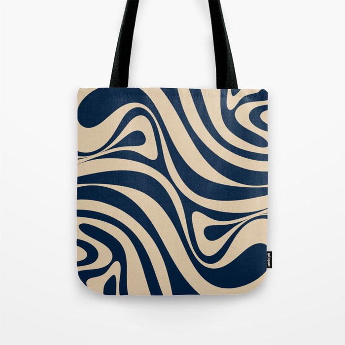 New Groove Retro Swirl Abstract Pattern in Midcentury Modern Navy Blue and Beige  Tote Bag Gallery Image 1