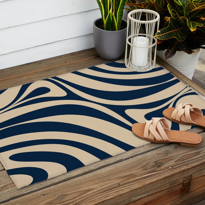 New Groove Retro Swirl Abstract Pattern in Midcentury Modern Navy Blue and Beige  Outdoor Rug Gallery Image 2