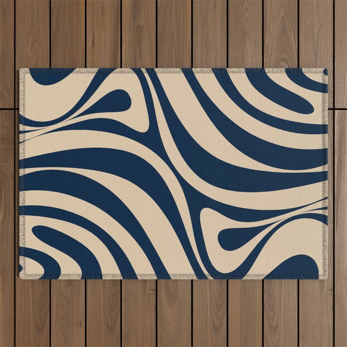 New Groove Retro Swirl Abstract Pattern in Midcentury Modern Navy Blue and Beige  Outdoor Rug Gallery Image 1