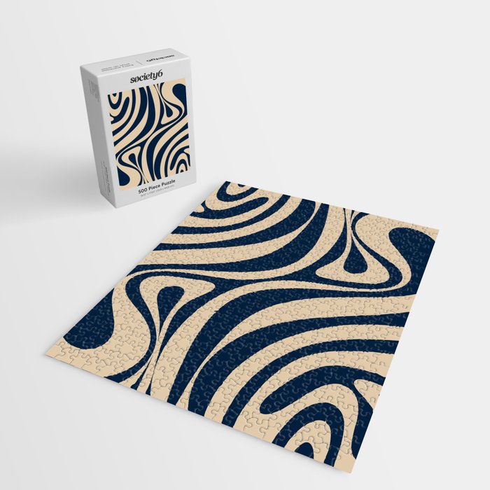 New Groove Retro Swirl Abstract Pattern in Midcentury Modern Navy Blue and Beige  Jigsaw Puzzle Gallery Image 2