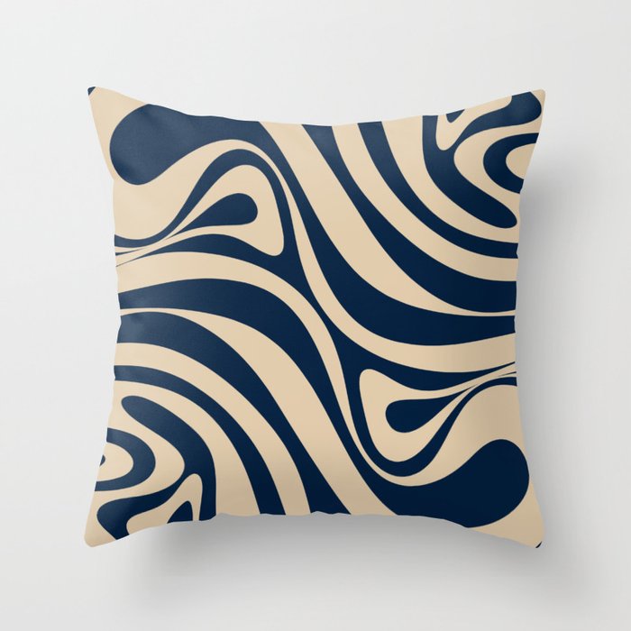 New Groove Retro Swirl Abstract Pattern in Midcentury Modern Navy Blue and Beige  Throw Pillow Gallery Image 1