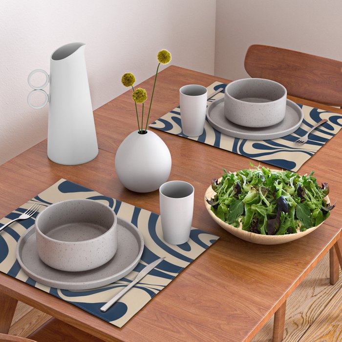 New Groove Retro Swirl Abstract Pattern in Midcentury Modern Navy Blue and Beige  Placemat Gallery Image 2