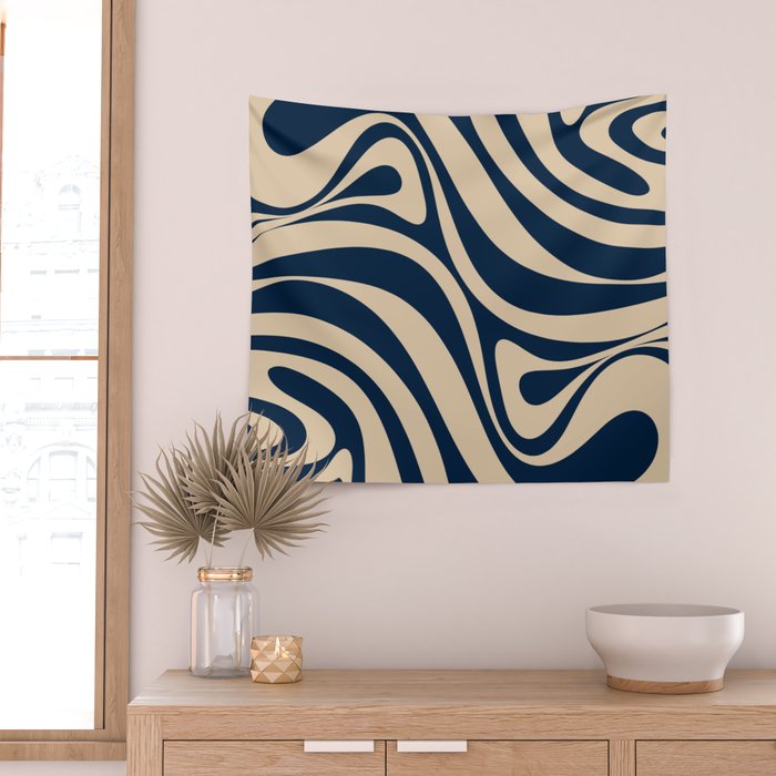 New Groove Retro Swirl Abstract Pattern in Midcentury Modern Navy Blue and Beige  Wall Tapestry Gallery Image 2