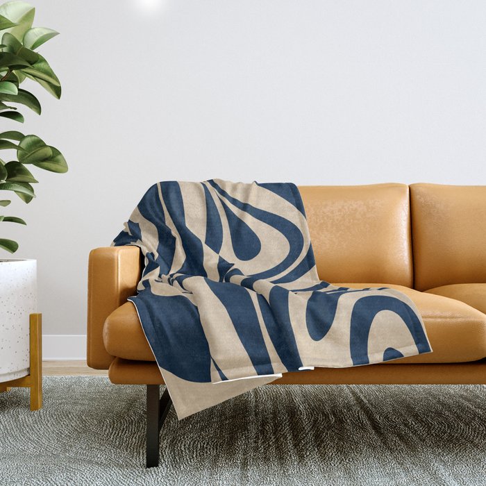 New Groove Retro Swirl Abstract Pattern in Midcentury Modern Navy Blue and Beige  Throw Blanket Gallery Image 1