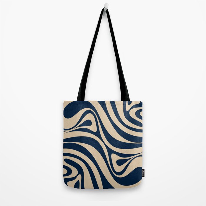 New Groove Retro Swirl Abstract Pattern in Midcentury Modern Navy Blue and Beige  Tote Bag Gallery Image 2