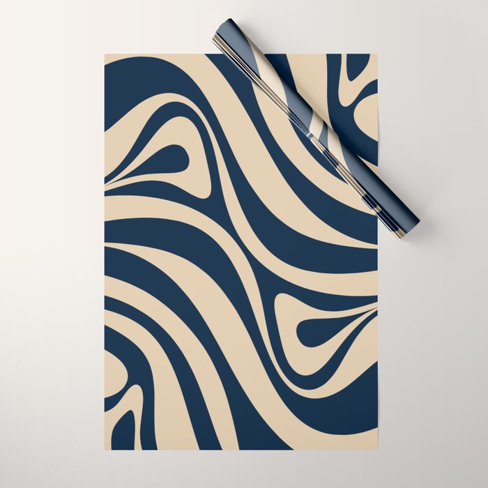 New Groove Retro Swirl Abstract Pattern in Midcentury Modern Navy Blue and Beige  Wrapping Paper Gallery Image 1