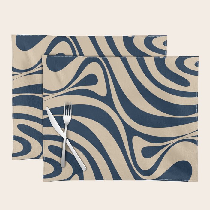 New Groove Retro Swirl Abstract Pattern in Midcentury Modern Navy Blue and Beige  Placemat Gallery Image 1