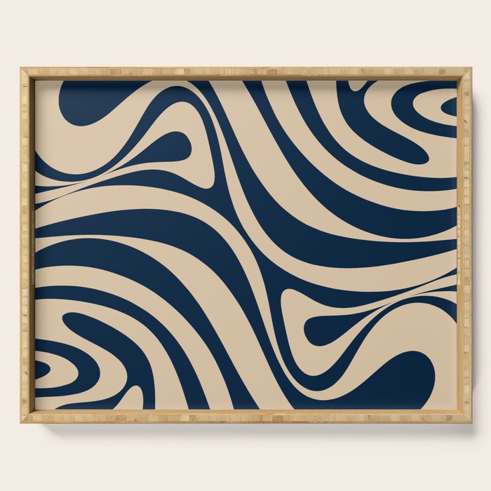 New Groove Retro Swirl Abstract Pattern in Midcentury Modern Navy Blue and Beige  Serving Tray Gallery Image 1