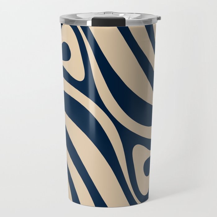 New Groove Retro Swirl Abstract Pattern in Midcentury Modern Navy Blue and Beige  Travel Mug Gallery Image 1