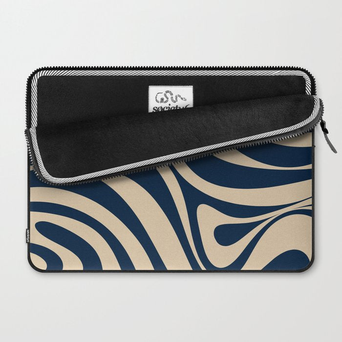 New Groove Retro Swirl Abstract Pattern in Midcentury Modern Navy Blue and Beige  Laptop Sleeve Gallery Image 2