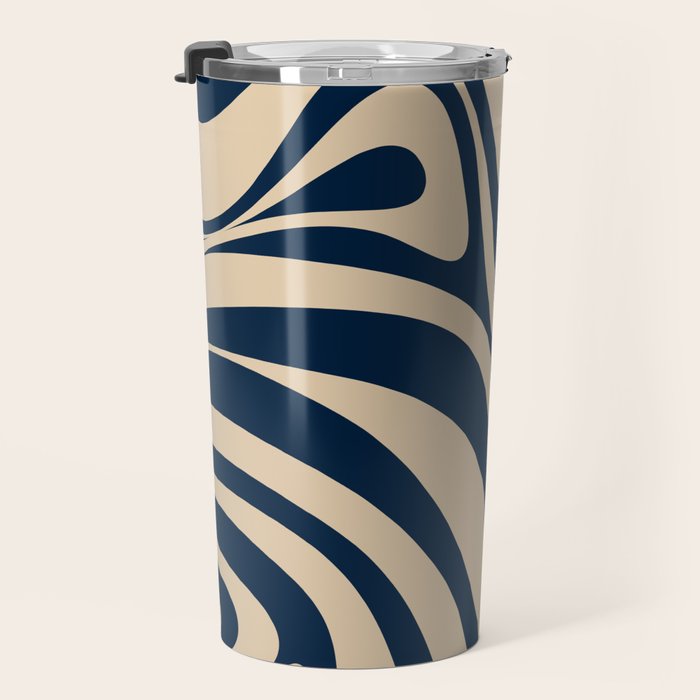 New Groove Retro Swirl Abstract Pattern in Midcentury Modern Navy Blue and Beige  Travel Mug Gallery Image 3