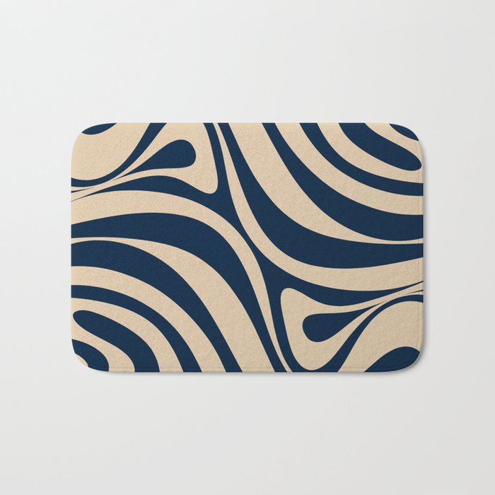 New Groove Retro Swirl Abstract Pattern in Midcentury Modern Navy Blue and Beige  Bath Mat Gallery Image 1