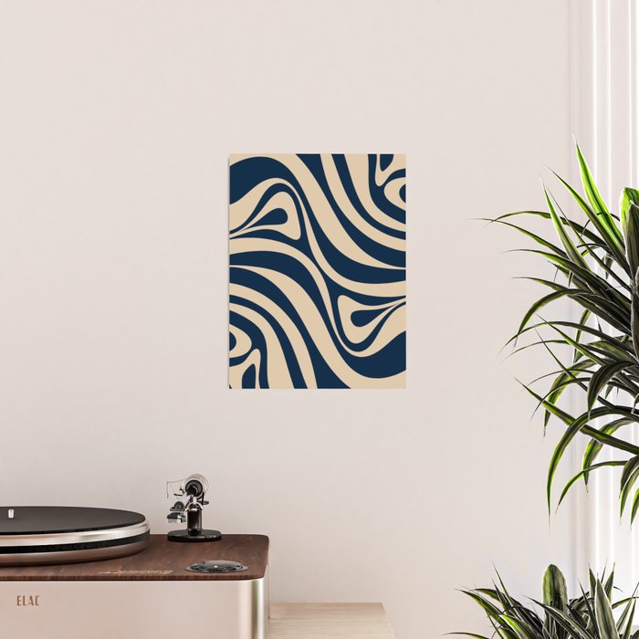 New Groove Retro Swirl Abstract Pattern in Midcentury Modern Navy Blue and Beige  Poster Gallery Image 2