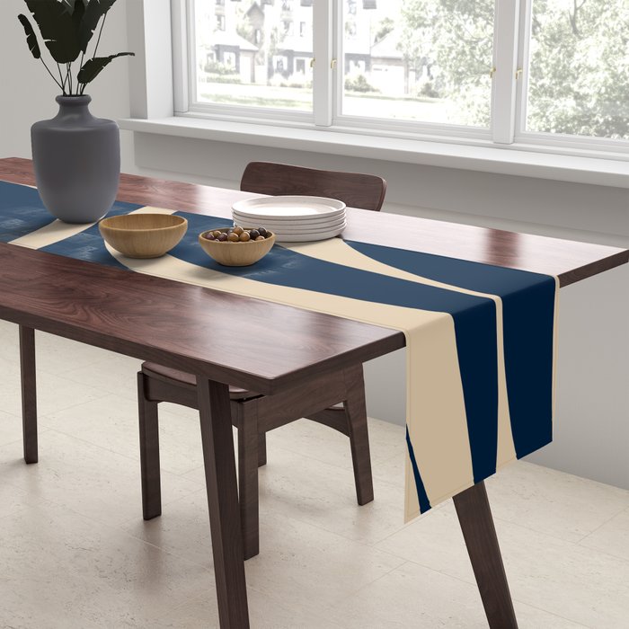 New Groove Retro Swirl Abstract Pattern in Midcentury Modern Navy Blue and Beige  Table Runner Gallery Image 2
