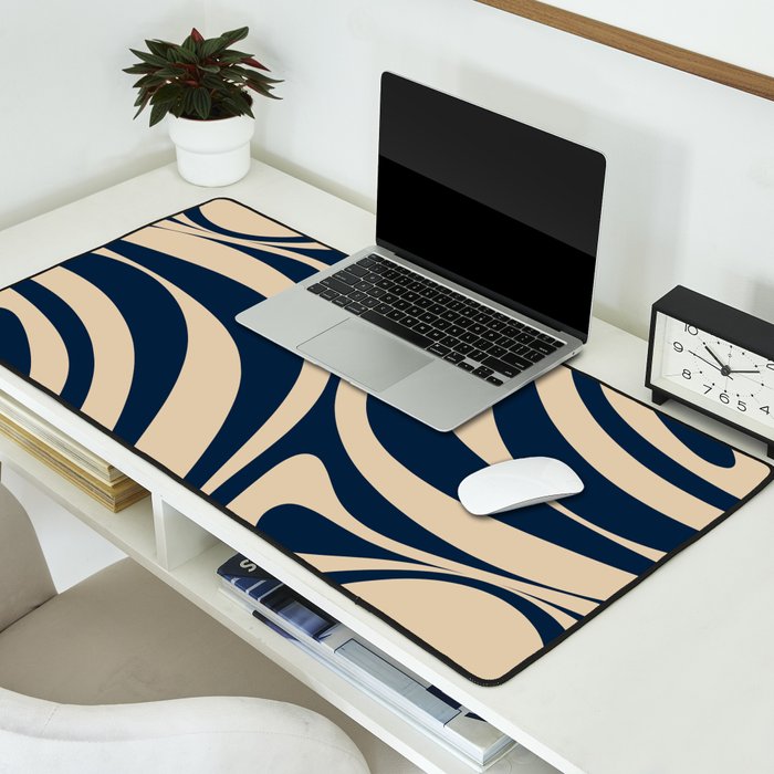 New Groove Retro Swirl Abstract Pattern in Midcentury Modern Navy Blue and Beige  Desk Mat Gallery Image 2