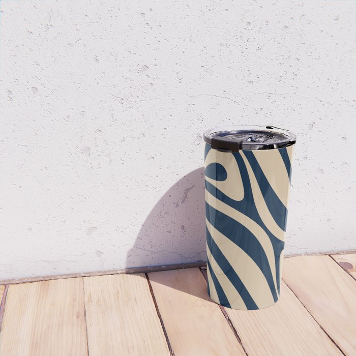New Groove Retro Swirl Abstract Pattern in Midcentury Modern Navy Blue and Beige  Travel Mug Gallery Image 4