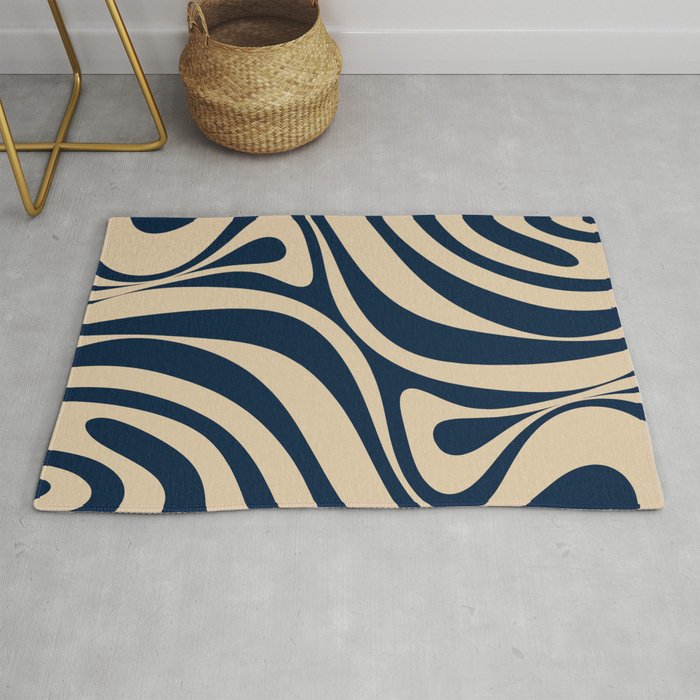 New Groove Retro Swirl Abstract Pattern in Midcentury Modern Navy Blue and Beige  Rug Gallery Image 1