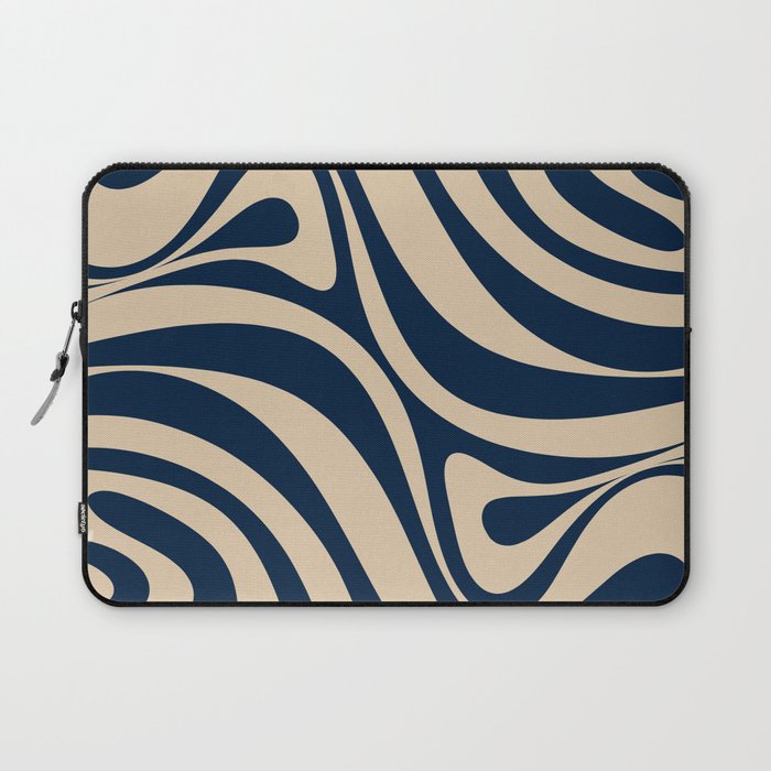 New Groove Retro Swirl Abstract Pattern in Midcentury Modern Navy Blue and Beige  Laptop Sleeve Gallery Image 1