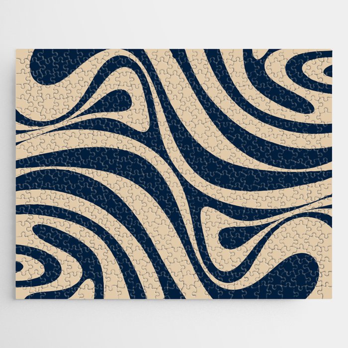 New Groove Retro Swirl Abstract Pattern in Midcentury Modern Navy Blue and Beige  Jigsaw Puzzle Gallery Image 1
