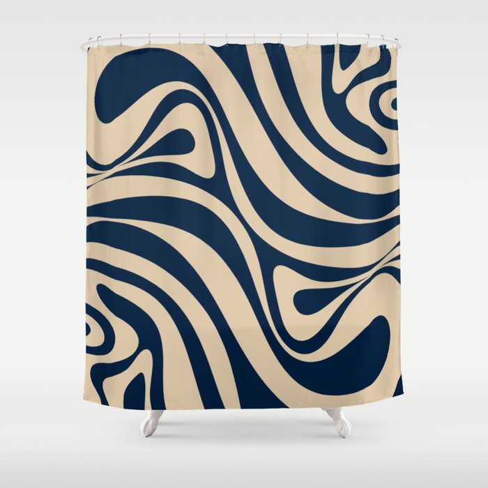 New Groove Retro Swirl Abstract Pattern in Midcentury Modern Navy Blue and Beige  Shower Curtain Gallery Image 1