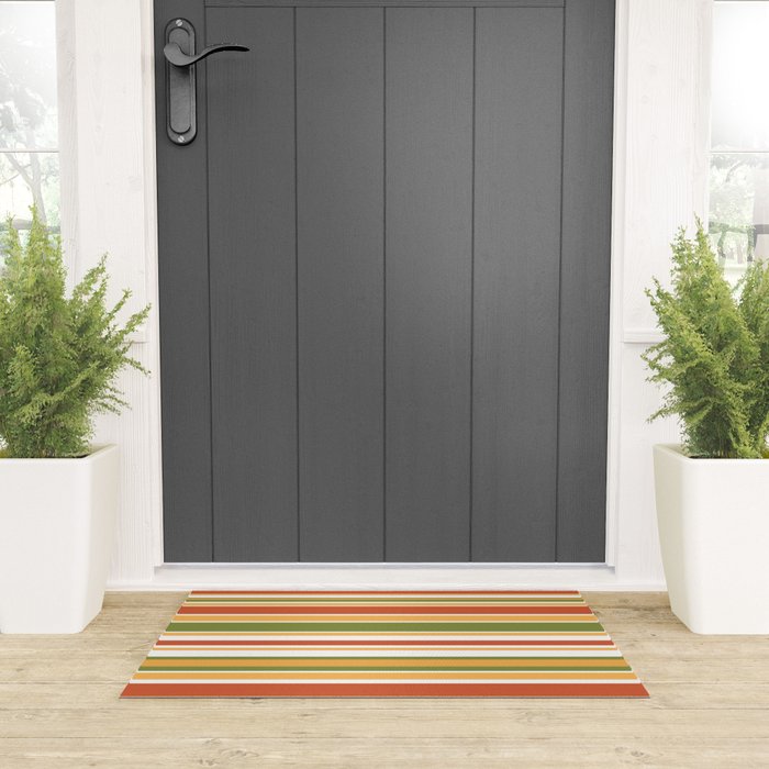 Retro Stripes Olive Green Burnt Orange Goldenrod Pattern Welcome Mat Gallery Image 3