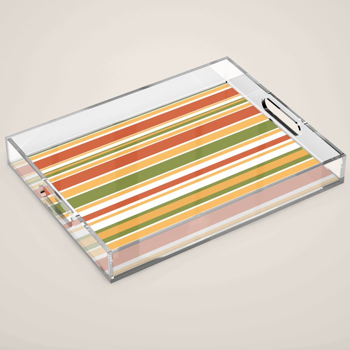 Retro Stripes Olive Green Burnt Orange Goldenrod Pattern Acrylic Tray Gallery Image 1