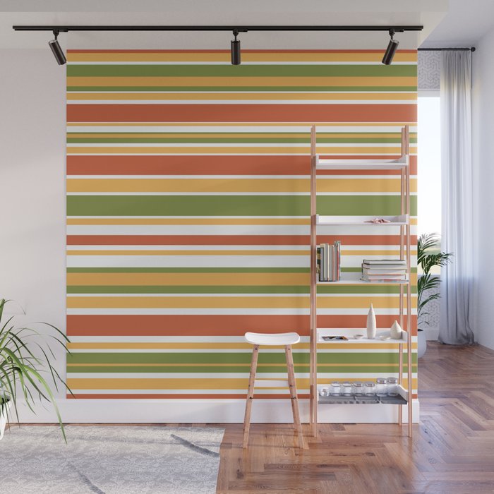 Retro Stripes Olive Green Burnt Orange Goldenrod Pattern Wall Mural Gallery Image 1
