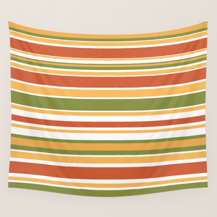 Retro Stripes Olive Green Burnt Orange Goldenrod Pattern Wall Tapestry Gallery Image 1