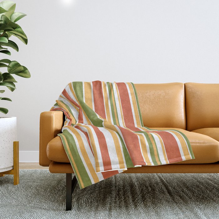 Retro Stripes Olive Green Burnt Orange Goldenrod Pattern Throw Blanket Gallery Image 1