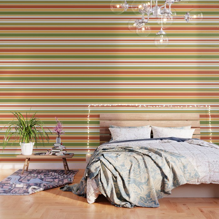 Retro Stripes Olive Green Burnt Orange Goldenrod Pattern Wallpaper Gallery Image 1
