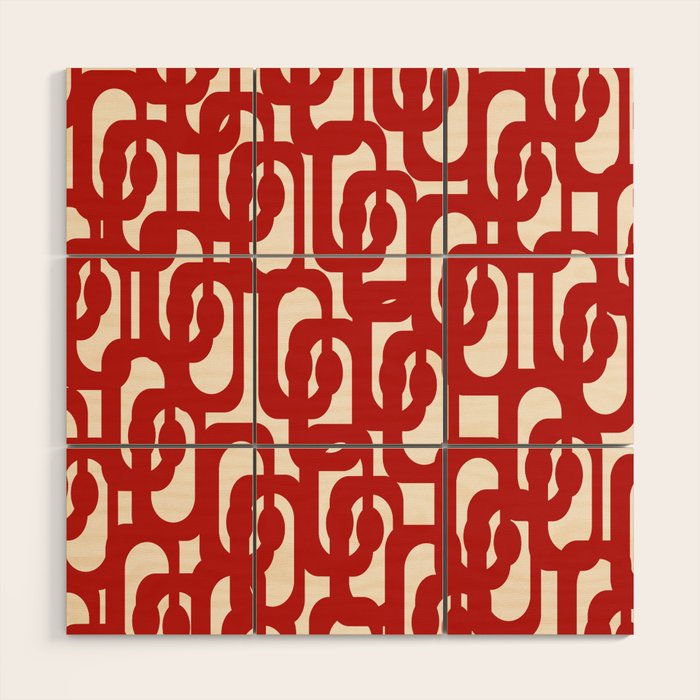 Mid Century Modern Contemporary Loop Pattern in Red and Cream Wood Wall Art Gallery Image 1