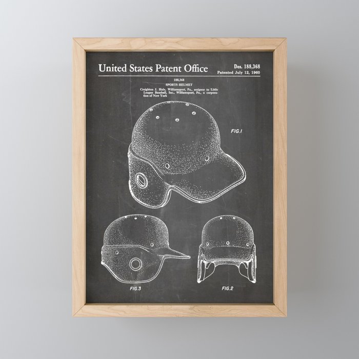 Baseball Helmet Patent - Baseball Player Art - Black Chalkboard Mini Art Print Gallery Image 1