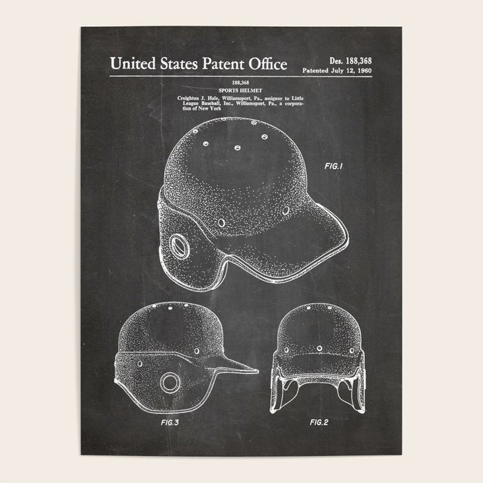 Baseball Helmet Patent - Baseball Player Art - Black Chalkboard Poster Gallery Image 1