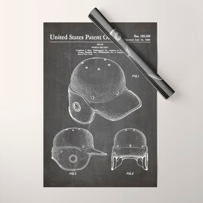 Baseball Helmet Patent - Baseball Player Art - Black Chalkboard Wrapping Paper Gallery Image 1