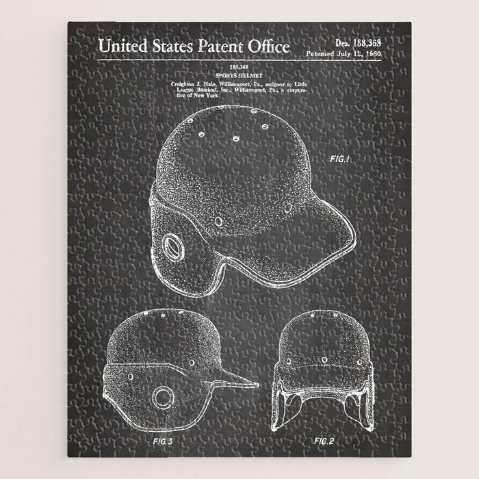 Baseball Helmet Patent - Baseball Player Art - Black Chalkboard Jigsaw Puzzle Gallery Image 1