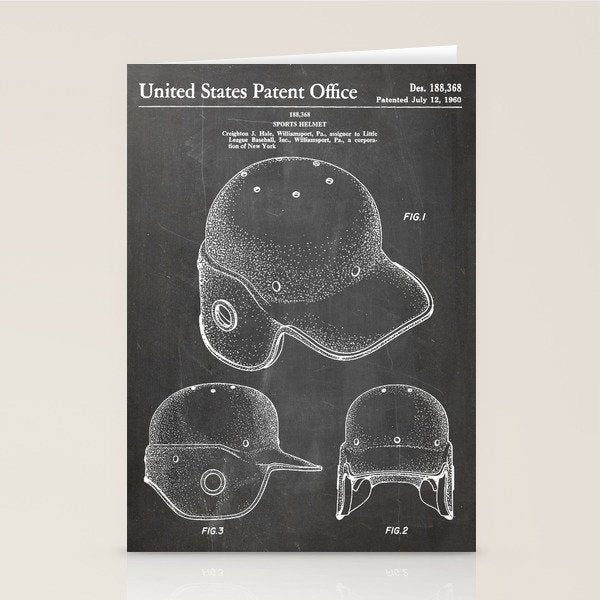 Baseball Helmet Patent - Baseball Player Art - Black Chalkboard Stationery Card Gallery Image 2