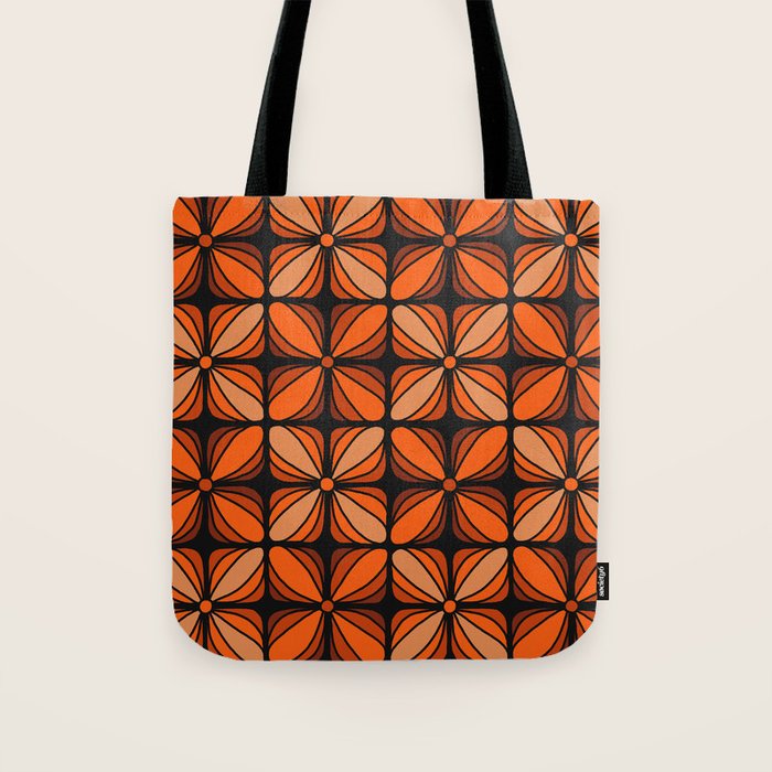 Retro 70s square mod flowers orange brown Tote Bag Gallery Image 1