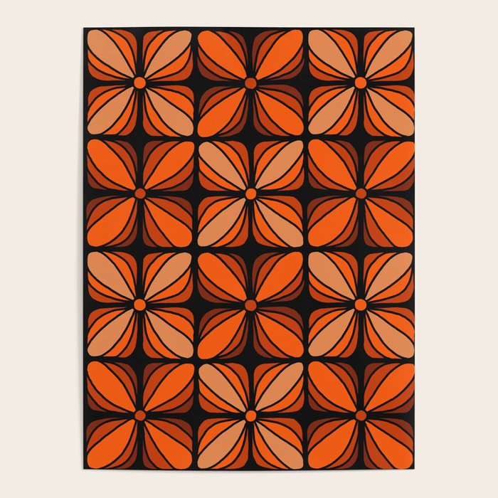 Retro 70s square mod flowers orange brown Poster Gallery Image 1