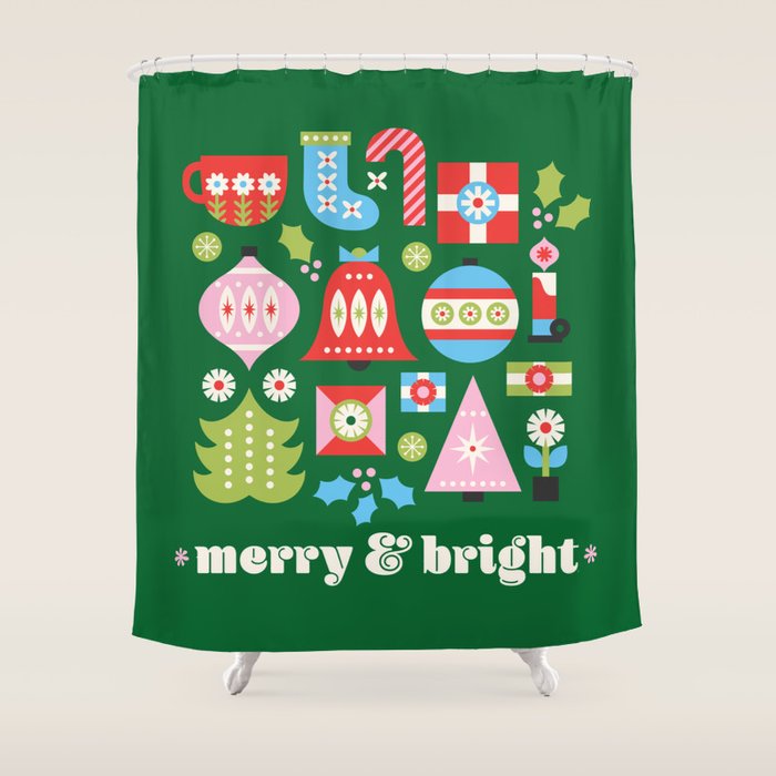 Merry & Bright Christmas | Green Shower Curtain Gallery Image 1