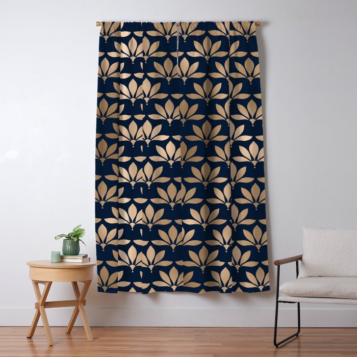 Gold and Navy Art Deco Leaf Design Window Curtain Gallery Image 5