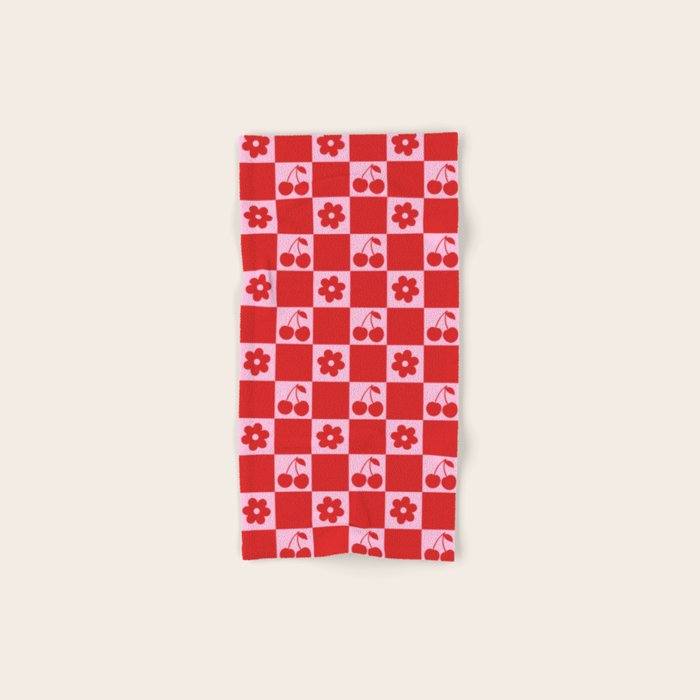 Cherry Flowers Pink & Red Checker Bath Towel Gallery Image 1